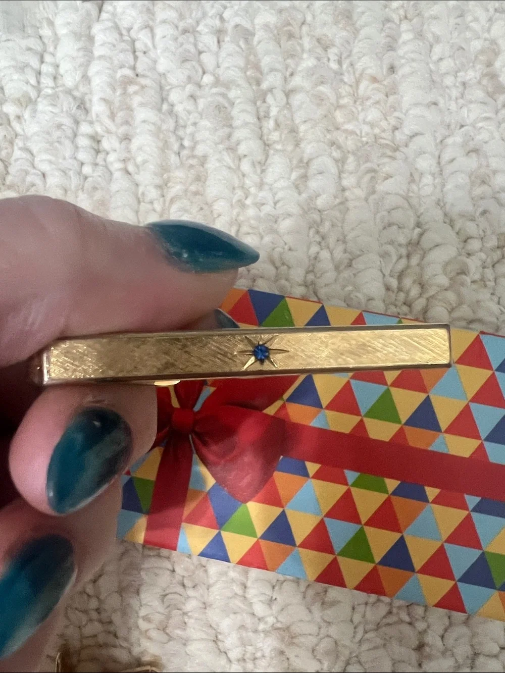Avon Gold Cufflinks and Tie Clip Set with Blue Accents
